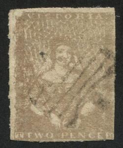 VICTORIA: 1850-53 (SG.13) Ham Printings 3rd State 'Vertical Drapes' 2d drab, "Small void area" in upper-left corner, fake rouletting, tidy butterfly cancel, Cat $200.