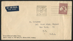 AUSTRALIA: Kangaroos - CofA Watermark: Redrawn Die 2/- maroon solo franking late use on 1963 (Mar.28) airmail cover to USA, cover with light corner crease affecting the stamp, Cat. $1000 as a solo franking.