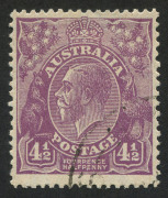 AUSTRALIA: KGV Heads - Small Multiple Watermark Perf 13½ x 12½: 1930 KGV 4½d violet Die II with 'C'WEALTH OFFICES' CTO quarter cancel, very well centred, without gum, BW:121.[Approximately 10 examples have been recorded with C'WEALTH OFFICES CTO cancel.]