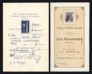 AUSTRALIA: Philatelic Literature & Accessories: Philatelic Society Ephemera: 1926 Prahran Philatelic Society 25th Anniversary programme held at Rechabite Hall, Prahran, "Guest of the Evening" being H.W. Johnston, founding member No 1, who later bequeathed his fabulous collection of Australasian Colonials to the NGV where it was displayed in the McArthur Gallery; also Australian Commonwealth Specialists' Society (UK) 1955 Ninth Annual Convention programme,