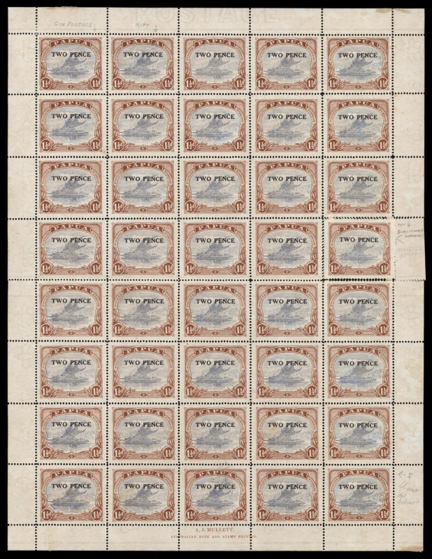 PAPUA: 1931 (SG.121) Surcharged 'TWO PENCE' on 1½d Mullett printing complete sheet of 40 with imprint at base, numerous varieties incl. 'POSTACE' flaw [Pos.1] and "Rift in clouds" [Pos.2], one stamp [Pos.20] officially substituted, the replacement stamp w