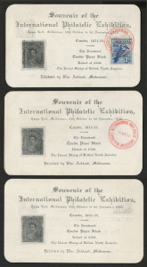 AUSTRALIA: Other Pre-Decimals: 1928 (SG.106) 3d Kookaburra tied to Ackland souvenir card by INTERNATIONAL PHILATELIC EXHIBITION MELBOURNE '31OC28' datestamp in red; also two similar cards without stamps, one with '1NO28' Exhibition datestamp in red; fine condition. (3 cards)