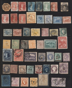 AUSTRALIAN COLONIES & STATES - General & Miscellaneous Lots: Assortment from all States with imperf and rouletted issues, NSW & Victoria to 5/-, South Australia well represented; also covers & postal stationery, revenues & registration labels; postmark interest likely. Mixed condition; may surprise. (many 100s)