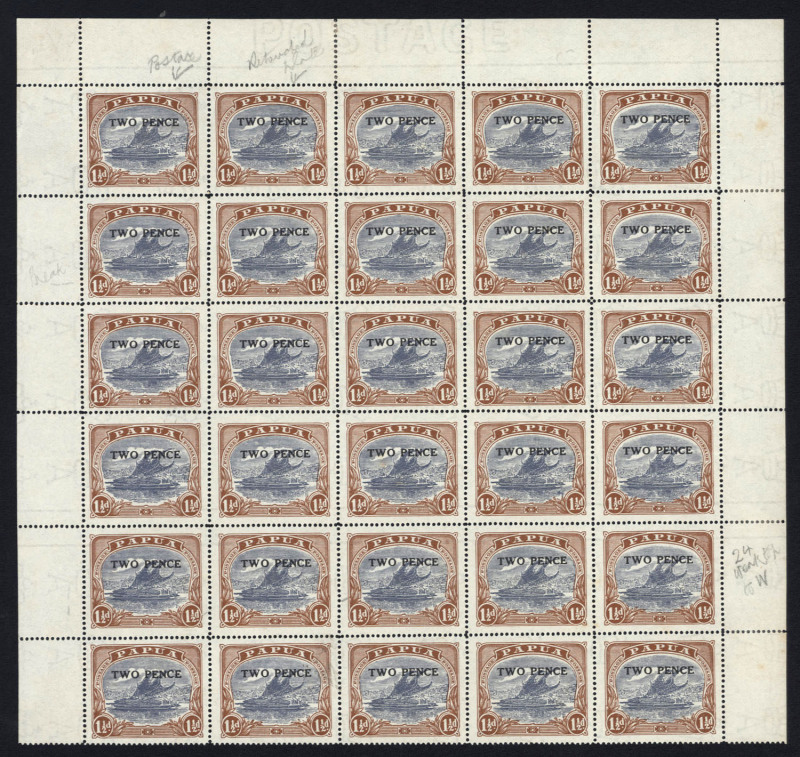 PAPUA: 1931 (SG.122) Surcharged 'TWO PENCE' on 1½d Ash printing part sheet of 30 (5x6) varieties incl. 'POSTACE' flaw [Pos.1] and "Rift in clouds - retouched" [Pos.2], gum crease through 4th row, minor gum tones, hinged on margins only, stamps MUH.