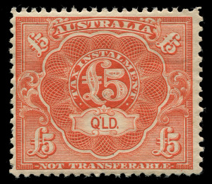 AUSTRALIA: Revenues: INCOME TAX: 1941 Wmk Crown/A (Sideways) £5 (QLD) issue in pale red, MUH, Elsmore Online Cat. $350.