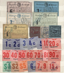 VICTORIA - Railway Stamps: 1887-1980s accumulation in stockbook with 1887 1d, 2d, 3d, 6d & 1/-, 1934 'Wings' to 2/- (4) & 5/- incl. unused 5d pink/white (Merton), Numerals 1953 4d mint (4), 1958 4d marginal pair mint, extensive Decimals to $5 (incl. block of 6) plus two 1988 consignment forms one with $110.40 franking, the other with $59.95 franking; also few tram tickets, "Golden Arrow" illustrated label, etc. (many 100s)