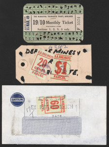 SOUTH AUSTRALIA: 1885-1970s array on hagners with 1885 Locomotive to 1/- incl, 2d (2) & 4d, 1940 Numeral Issue 3d, 6d ,1/- ,& 5/- in MUH blocks of 4, plus 5/-, 1/-, 6d & 3d on large-part parcel piece, decimal issues to $5 with heavily duplicated lower values incl, 30c block of 25 cancelled at Keith, 1977 SAR Freight meter labels (2); also Commonwealth Railways/Australia National Railways issue to $2 (3), plus other related material includes black on red 'POSTAL CUSTOMS' label unused,