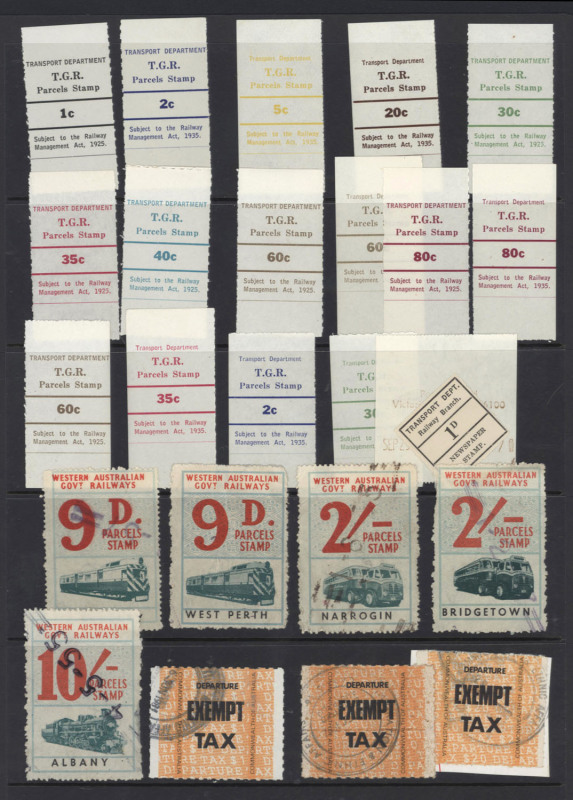 WESTERN AUSTRALIA: Selection with 1952 Train & Bus Series 9d (2), 2/- (2) & 10/-, 1966 15c, 40c(2), 45c & 60c, 1975-78 Westrail to 50c & $1.50, 1979-82 Westrail decimal meters (6); also TASMANIA 1966-68 Decimals to 80c plus some Hobart Municipal Trams and