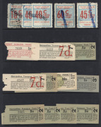 WESTERN AUSTRALIA: Selection with 1952 Train & Bus Series 9d (2), 2/- (2) & 10/-, 1966 15c, 40c(2), 45c & 60c, 1975-78 Westrail to 50c & $1.50, 1979-82 Westrail decimal meters (6); also TASMANIA 1966-68 Decimals to 80c plus some Hobart Municipal Trams and - 4