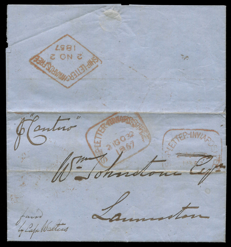 TASMANIA - Postal History: 1857 (Sep.19) inwards entire to Launceston from Mauritius endorsed "p Cantero" & "favod(favoured)/by Capn Walters" with 'SHIP-LETTER INWARDS FREE/31OC/1857' boxed handstamp overstamped '2NO/1857 to correct the date, plus another