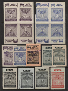 AUSTRALIA: Cinderellas: MOTOR SPIRIT RATION TICKETS: 1940s group with issues for South Australia (17) comprising headed 'SOUTH AUSTRALIA' (11) incl. 2 Gallons & 5 Gallons blocks of 4 and headed 'SA' (6) to 5 Gallons; single 1 Gallon tickets for Tasmania & Queensland plus 2 Gallons for Victoria; Commonwealth of Australia 1 gallon (7) & two gallons (4) in various designs; generally fine. (31)