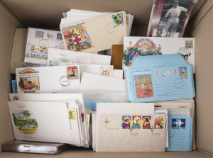 AUSTRALIA: Decimal Issues: FDCs: Array with many 1980s issues mounted on AP "new issue" Post Office posters, also PSEs, postcards & aerogrammes with FDI cancels, plus other Australia Post "product", few unused PSEs incl. 2010 McKillop (10); generally fine.