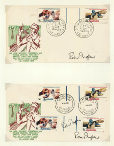 AUSTRALIA: Decimal Issues: 1968 (SG.426-27) Science Congress FDCs (2), one with "Thin Line" gutter pair, the other with "Thin" & "Thick Line" gutter pairs (rare thus) tied by ADELAIDE or MELBOURNE FDI datestamps BW.490ya&yb, both covers signed by the stamp designer Robert Ingpen and housed in a A4 display folder with photograph of Ingpen alongside.