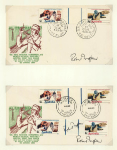 AUSTRALIA: Decimal Issues: 1968 (SG.426-27) Science Congress FDCs (2), one with "Thin Line" gutter pair, the other with "Thin" & "Thick Line" gutter pairs (rare thus) tied by ADELAIDE or MELBOURNE FDI datestamps BW.490ya&yb, both covers signed by the stam