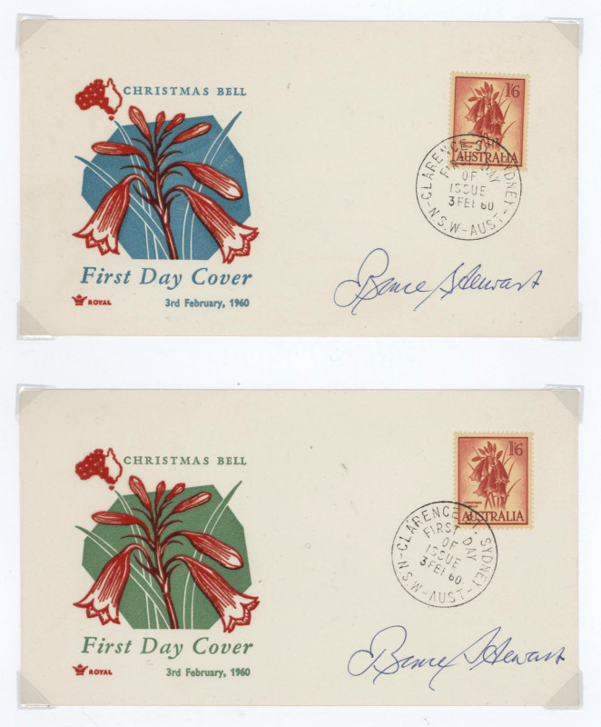 AUSTRALIA: Other Pre-Decimals: 1959-64 Flowers single issues on individual FDCs signed by stamp engraver Bruce Stewart comprising 1/6d (2), 2/-, 2/3d Yellow Wattles (2), 2/3d White Wattles (2), 2/5d (2), 3/- (2) plus 5/- Cattle (2); also set of 6 Flowers