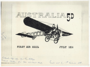 AUSTRALIA: Other Pre-Decimals: 1964 (SG.370-71) 50th Anniversary of Airmail copy of original pen & ink drawing of the design for the issue, signed by designer Kevin McKay and engraver Peter Morriss, also FDC signed by McKay & Morriss, plus a signed copy of rough drawing by Mckay for 1969 Flight Anniversary issue, with annotation by McKay stating that his "ENGLAND-AUSTRALIA" caption inspired Eric Thake's final design. (3 items)