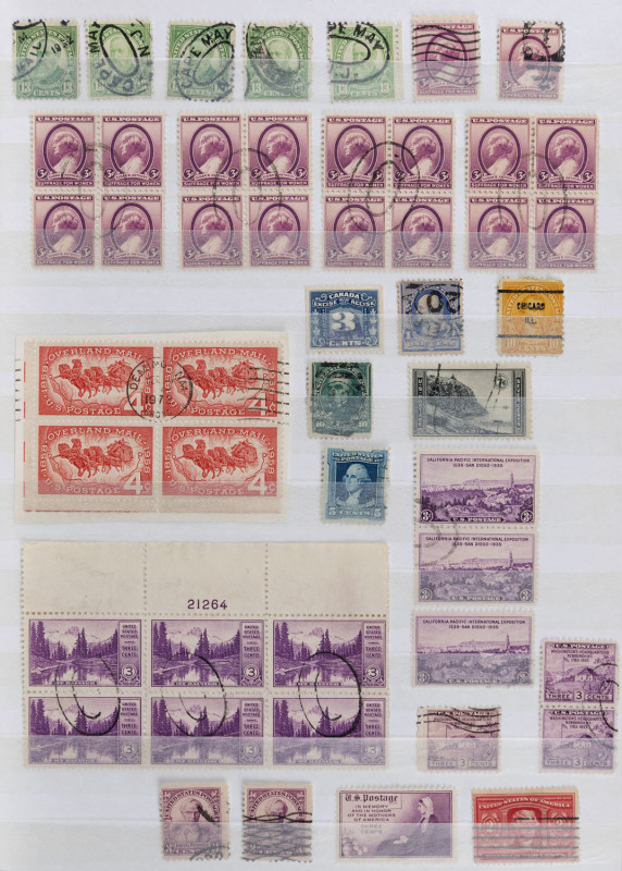 UNITED STATES OF AMERICA: A used collection/accumulation in 3 albums. Many interesting and desirable blocks including Scott 542 ($5 Franklin) blk.6, Scott 573 ($5 Head of Freedom) blk.6, blk.4 and a pair, Sc.748 multiples incl. Plate blks.6, back-of-the-b