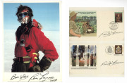 ANTARCTICA: RANULPH FIENNES: colour photograph (28.5x21cm) signed "Best Wishes, Ran Fiennes, 2003" plus 1984 & 1991 PSEs first day issues, both signed by Fiennes, all neatly presented in display folder.