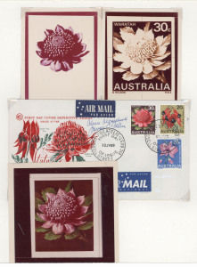 AUSTRALIA: Decimal Issues: 1968-71 (SG.425) 30c Waratah photographs of colour separations conducted by artist Harry Fallu, along with a signed photograph of Fallu at work on the separations, and a signed FDC with 30c (+ 20c & 25c); also 1965 2/3d ICY FDC, plus photograph of the stamp's designer Fallu, both signed; attractively displayed in two presentation folders. (2 folders)