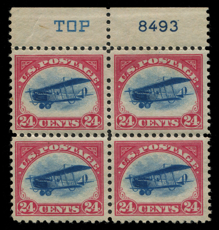 UNITED STATES OF AMERICA: AIRMAILS: 1918 (Scott C1-3) 6c, 16c & 24c Curtiss Jenny issue in fresh blocks of 4; the lower values with 2 MUH/2MLH units; the 24c with top margin with inscriptions and completely MUH. (12). Cat.US$1300+.