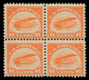 UNITED STATES OF AMERICA: AIRMAILS: 1918 (Scott C1-3) 6c, 16c & 24c Curtiss Jenny issue in fresh blocks of 4; the lower values with 2 MUH/2MLH units; the 24c with top margin with inscriptions and completely MUH. (12). Cat.US$1300+. - 2