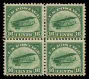 UNITED STATES OF AMERICA: AIRMAILS: 1918 (Scott C1-3) 6c, 16c & 24c Curtiss Jenny issue in fresh blocks of 4; the lower values with 2 MUH/2MLH units; the 24c with top margin with inscriptions and completely MUH. (12). Cat.US$1300+. - 3