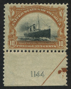 UNITED STATES OF AMERICA: 1901 (Scott 299) 10c Steamship "St. Paul", single with lower margin; inscriptions incl. "1144". Mint.