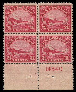 UNITED STATES OF AMERICA: AIRMAILS: 1923 (Scott C4-6) 8c, 16c & 24c issue in fresh blocks of 4; the lower values with 2 MUH/2MLH units; the 24c with lower margin with plate number and completely MUH. (12). A beautifully centred premium quality set. Cat.US