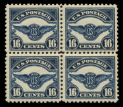 UNITED STATES OF AMERICA: AIRMAILS: 1923 (Scott C4-6) 8c, 16c & 24c issue in fresh blocks of 4; the lower values with 2 MUH/2MLH units; the 24c with lower margin with plate number and completely MUH. (12). A beautifully centred premium quality set. Cat.US - 2