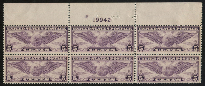 UNITED STATES OF AMERICA: AIRMAILS: 1930 (Scott C12) 5c Winged Globe, Plate No.blk.(6) from top of sheet, MUH. Cat.US$200.