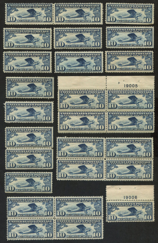 UNITED STATES OF AMERICA: AIRMAILS: 1927 (Scott C10) 10c Lindbergh, a Plate No.blk.4, plus other blocks, pairs and singles including examples from booklets. (27) MUH. Cat.US$350+.