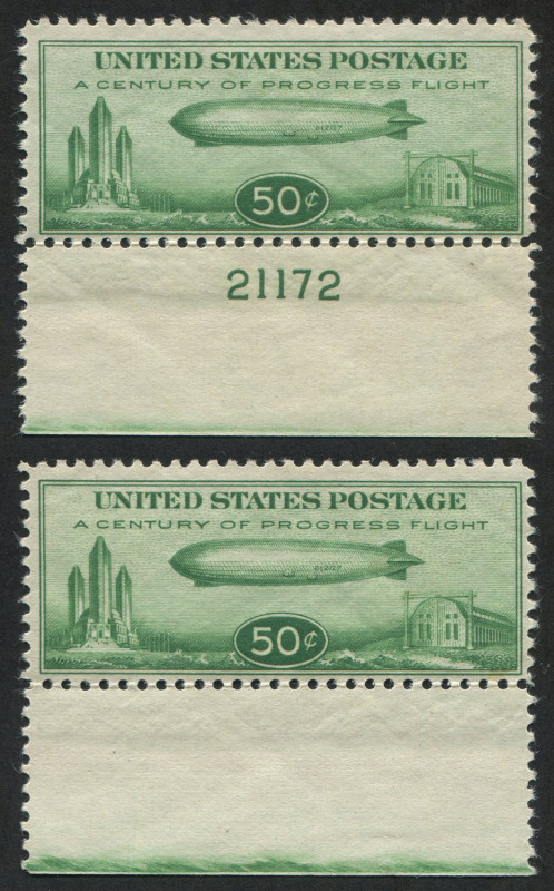 UNITED STATES OF AMERICA: AIRMAILS: 1933 (Scott C18) 50c Century of Progress, marginal singles, (2), one with Plate No. MUH. Cat.US$180.