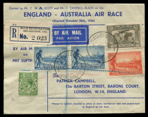 AUSTRALIA: Aerophilately & Flight Covers: THE WINNING ENTRY IN THE MACROBERTSON AIR RACEOctober 1934 (AAMC.433) England - Australia MacRobertson Air Race cover carried by the winning entry DH66 Comet 'Grosvenor House' in a total elapsed time of 71 hours and signed by both pilots "CWA Scott" and "Tom Campbell Black" on the back. Posted on arrival and returned by registered mail to England with blue R label alongside adhesives, fine condition, Cat $1,250. John Cress' similar example sold for $1,52