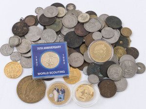 Coins - World: Predominantly foreign assortment, with some Australian content incl. 1857 Melbourne Hide & De Carle token, 1897 Geelong and Melbourne Diamond Jubilee medals (both pierced), 1901 Opening of First Federal Parliament medalet, etc. Mixed condition.