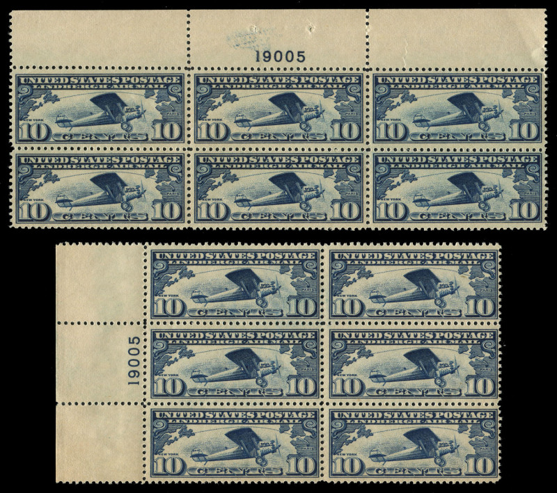 UNITED STATES OF AMERICA: AIRMAILS: 1927 (Scott C10) 10c Lindbergh, Plate No.blks.6 from top and left sides of sheet. (12) MUH. Cat.US$260.