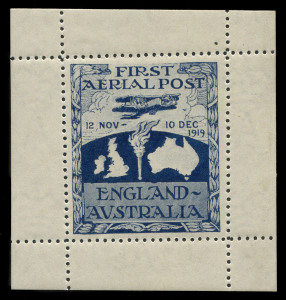 AUSTRALIA: Aerophilately & Flight Covers: THE FAMOUS ROSS SMITH VIGNETTE Nov. - Dec.1919 (AAMC.27b, Frommer 1a) 'FIRST AERIAL POST / ENGLAND/ AUSTRALIA' "Ross Smith" vignette complete with full margins, very fresh, lightly mounted in margins only, the vignette being unhinged. Very Rare in this superb condition. BPA certificate (2002). Cat.$18,000. Provenance: Lucien Toutounji Gold Medal collection.