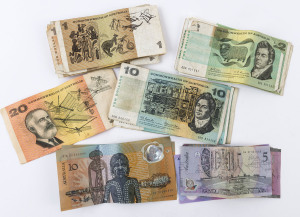 Banknotes - Australia: Decimal Banknotes: Bundle of mostly circulated notes comprising $20 Phillips/Randall, $10 (11, incl. two Bicentenary notes), $5 (8), $2 (13) & $1 (13); total face value $209.