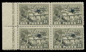 NEW GUINEA: 1931 (SG.147-49) Huts Airs 5/-, 10/- & £1 in marginal blocks of 4 from left of sheet with part imprints, one stamp in each block with a small official pinhole in lower left corner, applied during the print process to assist in the orientation 