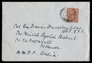 INDIA - Aerophilately & Flight Covers: EVACUATION OF KABUL EMERGENCY AIRMAIL: 13-30 Nov.1928 (BEA.28.13) cover despatched from Cornwall for delivery to Col. Sir Francis Humphrys at The British Legation, Kabul; bearing a fine backstamped example of the "SPECIAL INSPECTOR / 30 NOV.28 / FOREIGN MAILS" double-ring cds alongside a poor "PESHAWAR / 6JA29" cds; also endorsed Peshawar-Kabul" and initialled.