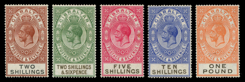 GIBRALTAR: 1925-32 (SG.102-108) KGV Wmk Script CA 1/- (both shades) to £1 set, MVLH, Cat. £264.