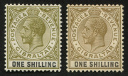 GIBRALTAR: 1925-32 (SG.102-108) KGV Wmk Script CA 1/- (both shades) to £1 set, MVLH, Cat. £264. - 2