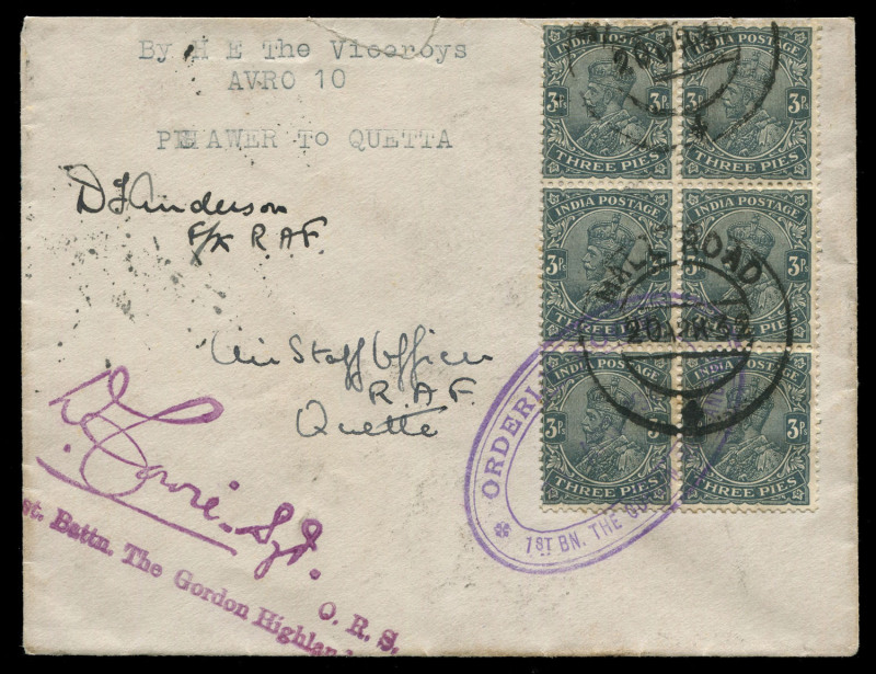 INDIA - Aerophilately & Flight Covers: 21 April 1932 (BEA.32.09a) Peshawar - Quetta cover flown with Viceroy Lord Willingdon, signed by R.A.F. pilot D.J. Anderson; with QUETTA arrival b/stamp.Provenance: Boris Joffe.