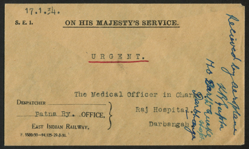 INDIA - Aerophilately & Flight Covers: 17 Jan.1934 (BEA.34.01) Bihar Earthquake O.H.M.S. cover, carried by R.A.F. Emergency flight from Patna to Darbangah; signed and endorsed on arrival by Dr.K.R.Gupta.