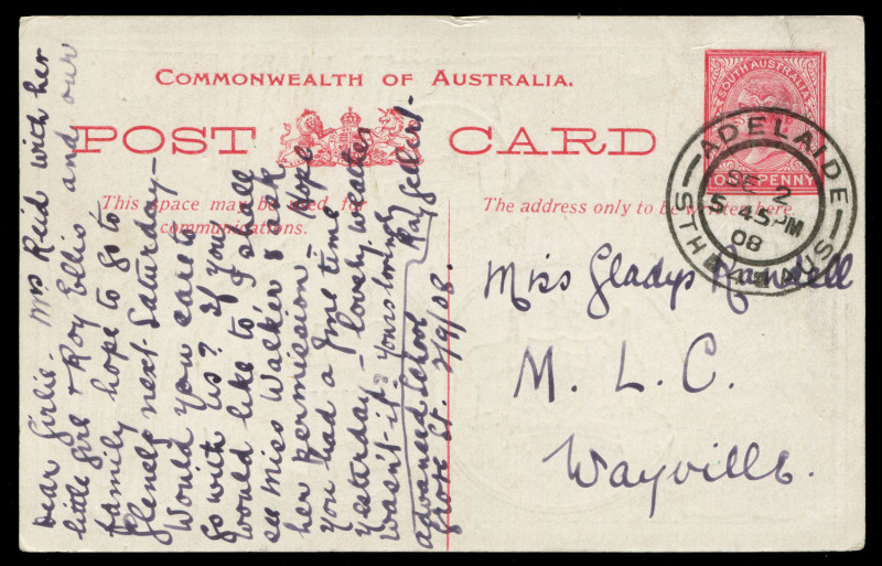 SOUTH AUSTRALIA - Postal Stationery: POSTAL CARD: Visit of American "Great White Fleet" 1d red HG 9, 1908 (Sep.2) postal use from Adelaide to Wayville (SA). [Only 4500 cards were sold, postally used examples are very scarce]