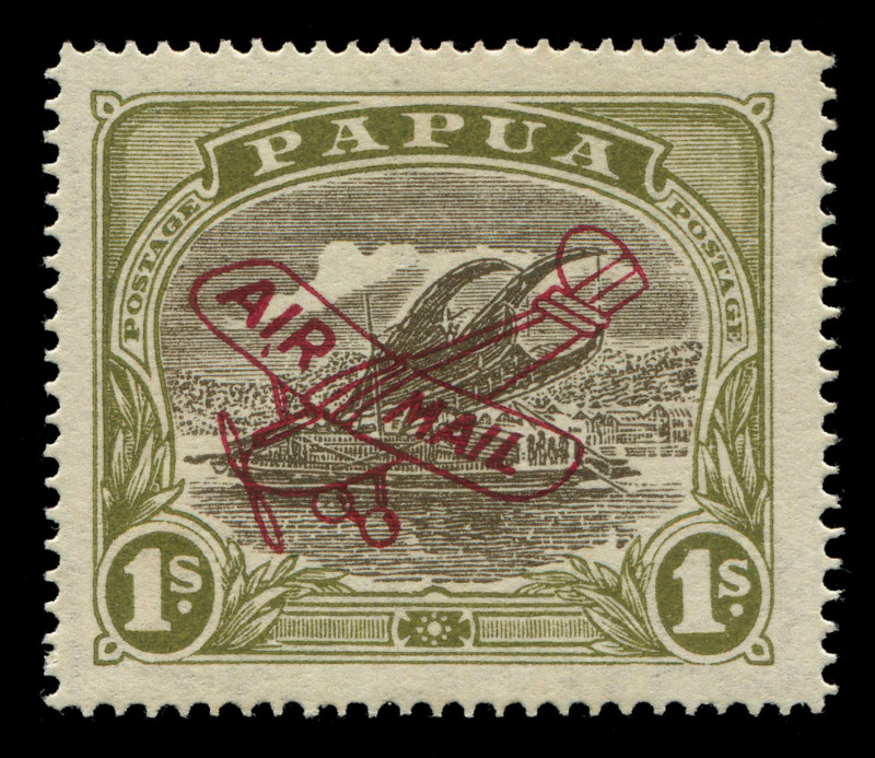 PAPUA: 1929-30 (SG.117) Harrison Printings Aeroplane Overprint 1/- sepia & olive with "Overprint in deep carmine" and with 'AI,R MAIL' overprint flaw, MVLH. Unlisted by Gibbons. RPSofL Certificate (1983). Ex Peter Gold. [Variety occurred only once on each