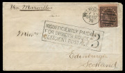 VICTORIA - Postal History: 1870 (Sept.10) cover to Scotland endorsed "Via Marseilles", but sent via Brindisi due to the ongoing Franco-Prussian War, with 10d brown/pink Laureate tied by Melbourne duplex, superb strike of 'INSUFFICIENTLY PAID/FOR BRINDISI