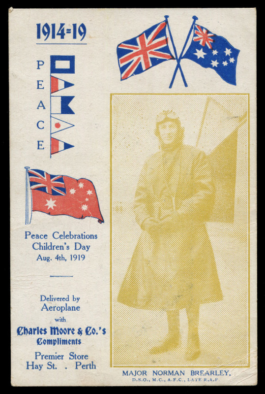 AUSTRALIA: Aerophilately & Flight Covers: 4 Aug.1919 (AAMC.19) Major Norman Brearley in an Avro biplane dropped a batch of advertising postcards for Charles Moore & Co over Perth and suburbs. [This example is one of 6 known.]NB: The Nelson Eustis example