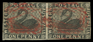 WESTERN AUSTRALIA: 1854 (SG.2) Imperforate 1d black horizontal pair, each unit with void grid cancels in red, complete margins that just touch in two places. Most attractive.