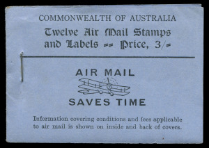 AUSTRALIA: Booklets: 1930 (SG.SB24) 3/- booklet with black/blue cover [BW:B40], containing 12 x 3d green Airmails in 3 panes of 4, together with 2 panes of airmail labels; unusually fine, Cat $1500. Ex. Arthur Gray Collection.