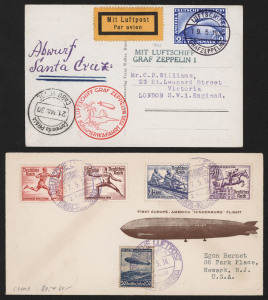 GERMANY - Aerophilately & Flight Covers: ZEPPELIN FLOWN COVERS & CARDS: 19 May 1930 On Board cds tying 2RM Zeppelin on South America Flight postcard with CABO VERDE arrival cds; also, three covers (incl. one reg'd) carried on the May 1936 first Europe - North America flight of the ill-fated "Hindenburg" (which crashed on arrival after the same trans-Atlantic crossing exactly 2 years later.). (4 items).